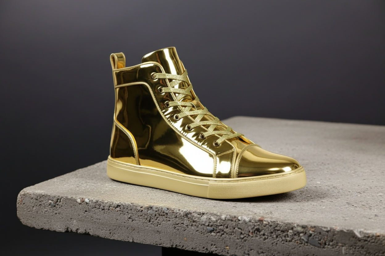 Encore by Fiesso mens casual Hight top Sneakers Boots, Patent Leather upper. Its lightly Cushioned insole, soft fabric lining make a perfect balance between sport, fashion and comfort