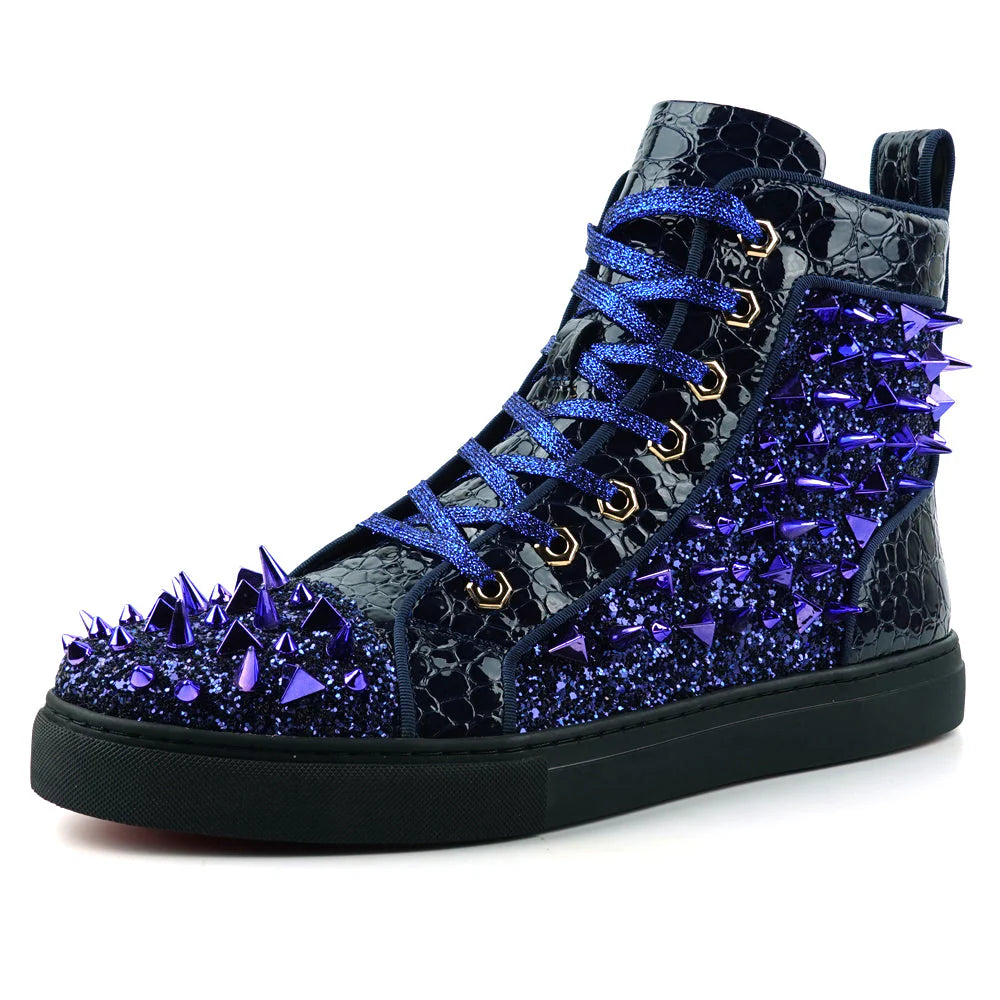 Navy Spikes Lace up High top Sneaker Encore by Fiesso