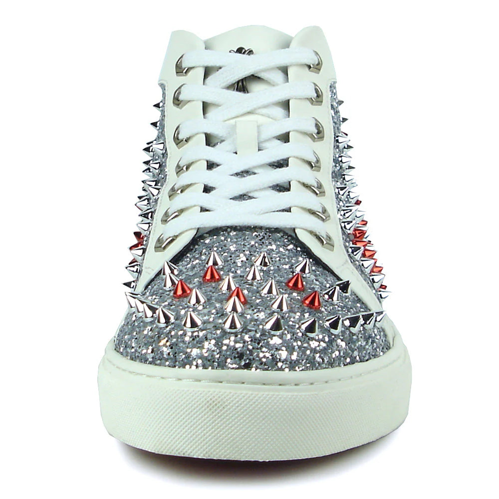 White Leather Silver Red Spikes High top Sneaker Encore by Fiesso