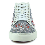 White Leather Silver Red Spikes High top Sneaker Encore by Fiesso