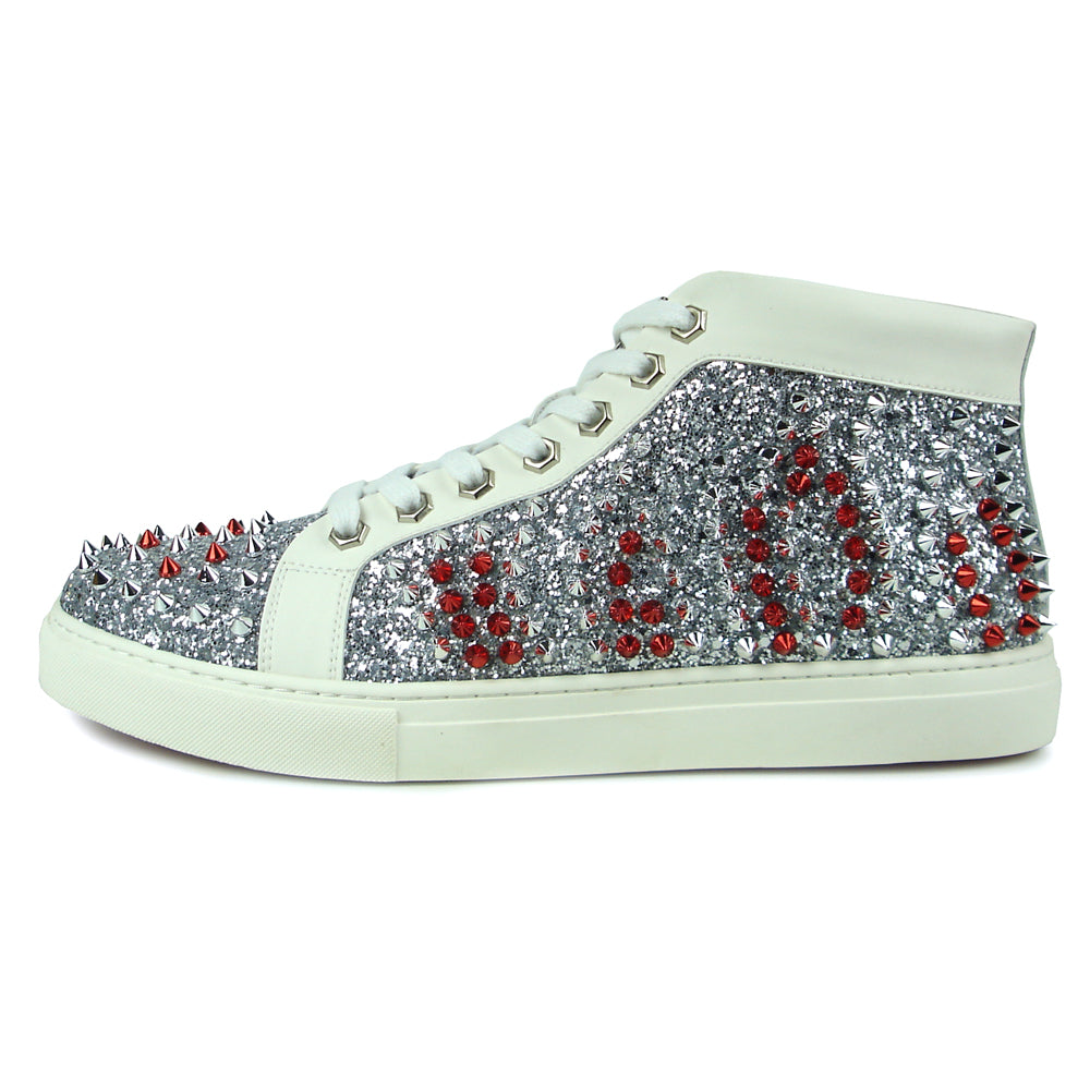 White Leather Silver Red Spikes High top Sneaker Encore by Fiesso