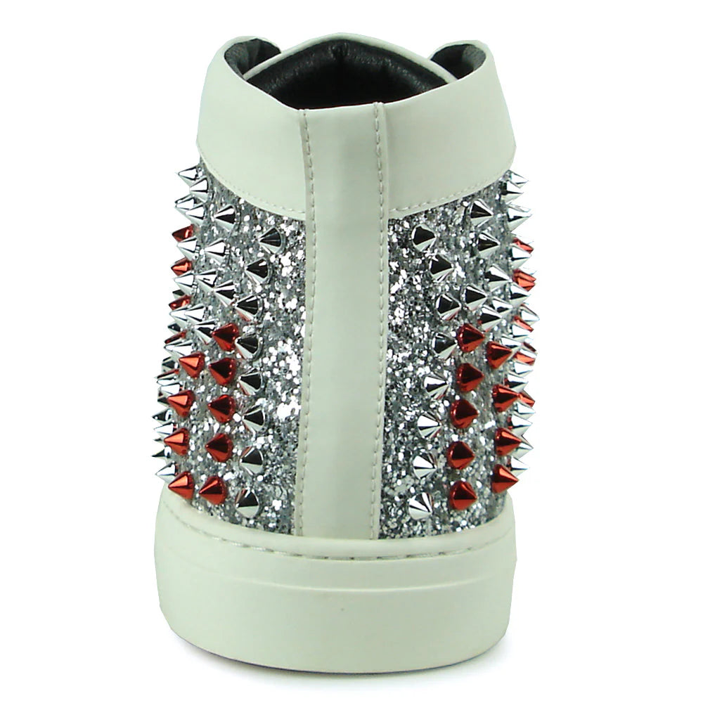 White Leather Silver Red Spikes High top Sneaker Encore by Fiesso
