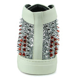 White Leather Silver Red Spikes High top Sneaker Encore by Fiesso