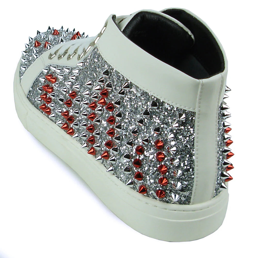 White Leather Silver Red Spikes High top Sneaker Encore by Fiesso