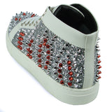 White Leather Silver Red Spikes High top Sneaker Encore by Fiesso