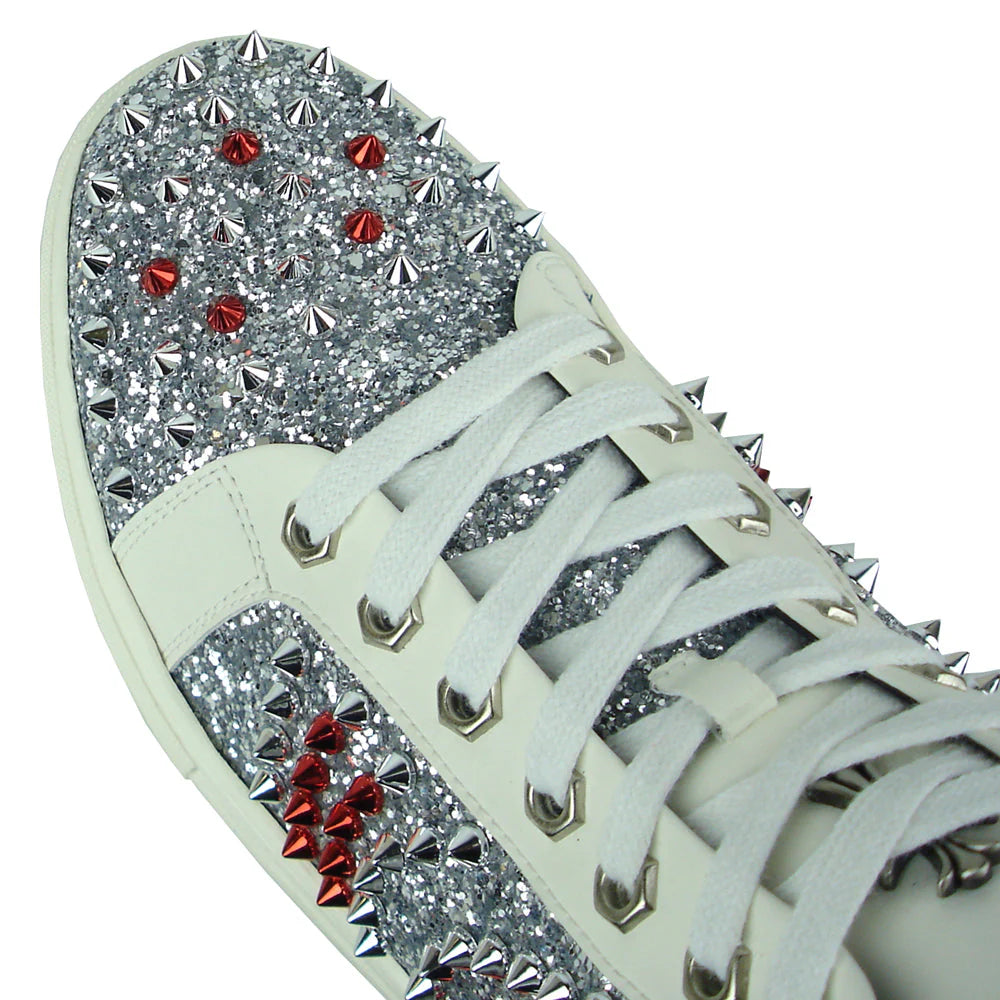 White Leather Silver Red Spikes High top Sneaker Encore by Fiesso