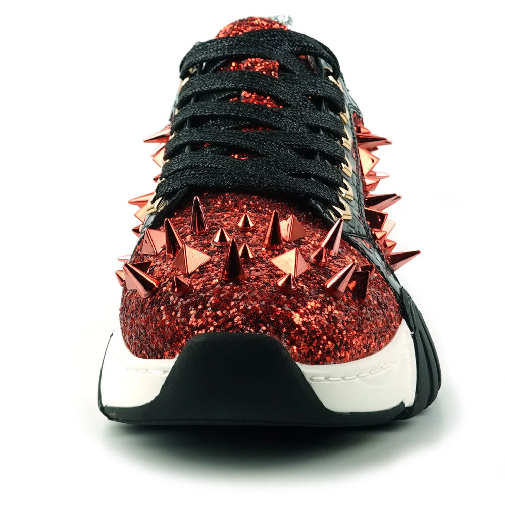 Red Black Glitter Red Spikes Lace up Sneaker Encore by Fiesso