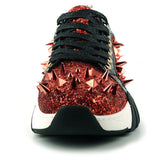 Red Black Glitter Red Spikes Lace up Sneaker Encore by Fiesso