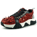 Red Black Glitter Red Spikes Lace up Sneaker Encore by Fiesso