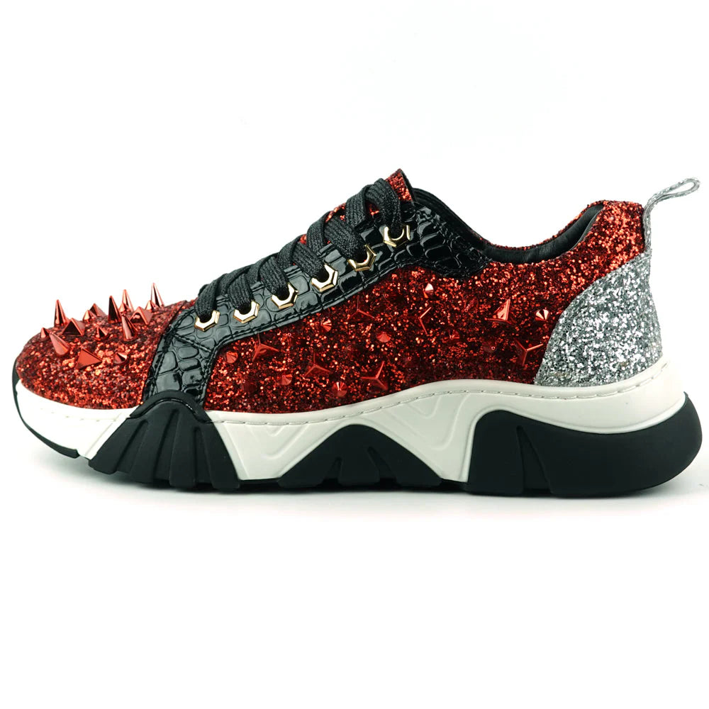 Red Black Glitter Red Spikes Lace up Sneaker Encore by Fiesso