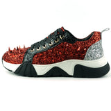 Red Black Glitter Red Spikes Lace up Sneaker Encore by Fiesso