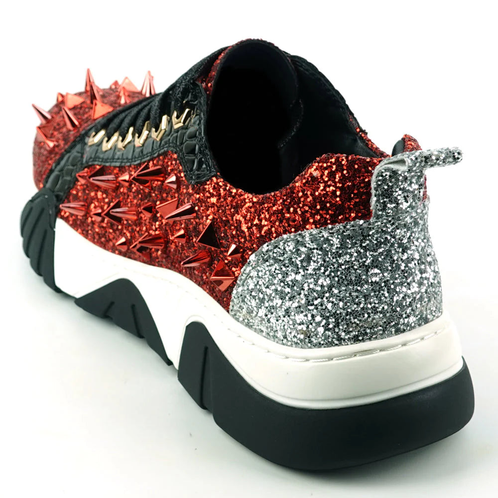 Red Black Glitter Red Spikes Lace up Sneaker Encore by Fiesso