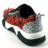 Red Black Glitter Red Spikes Lace up Sneaker Encore by Fiesso