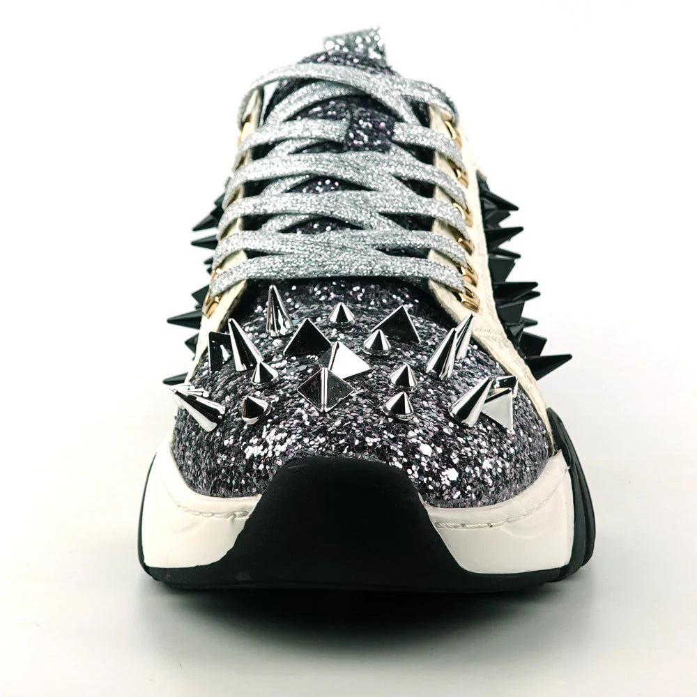 Silver Black Glitter Silver Spikes Lace up Sneaker Encore by Fiesso