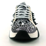 Silver Black Glitter Silver Spikes Lace up Sneaker Encore by Fiesso
