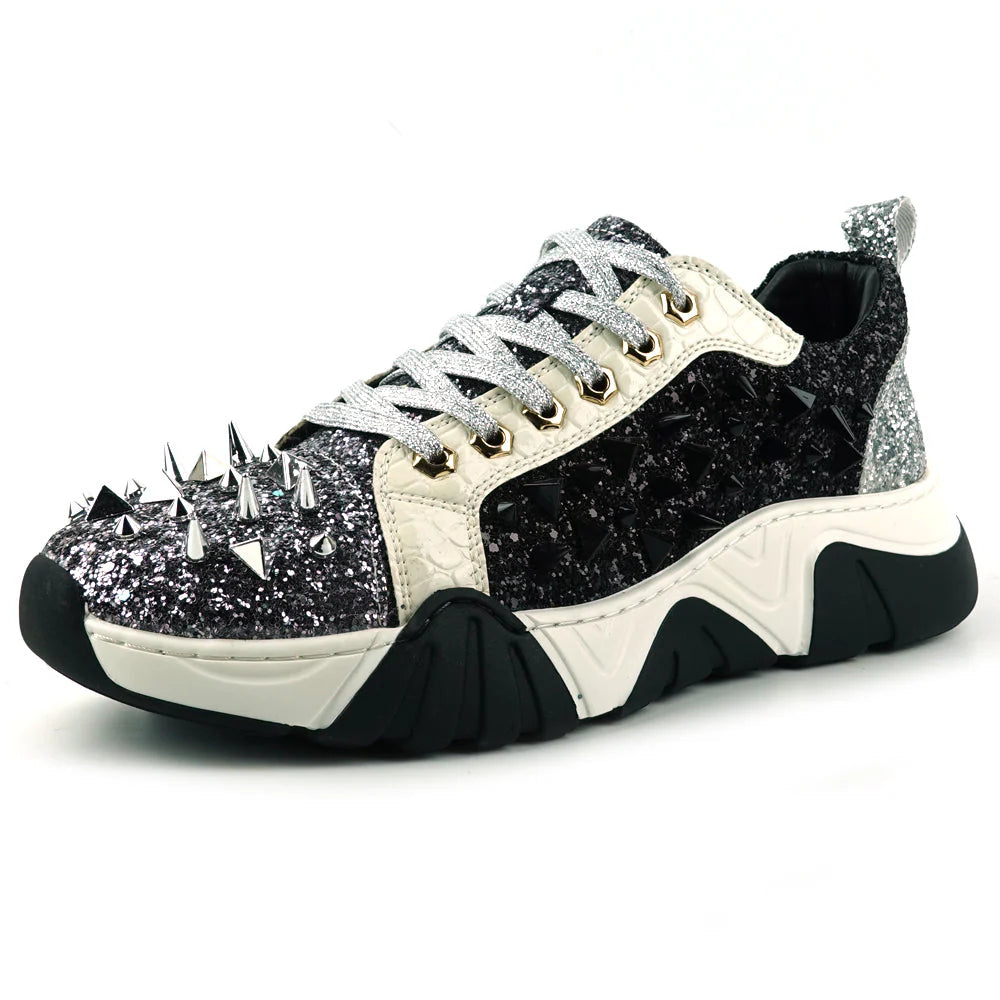 Silver Black Glitter Silver Spikes Lace up Sneaker Encore by Fiesso