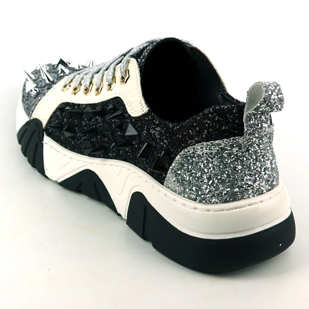 Silver Black Glitter Silver Spikes Lace up Sneaker Encore by Fiesso