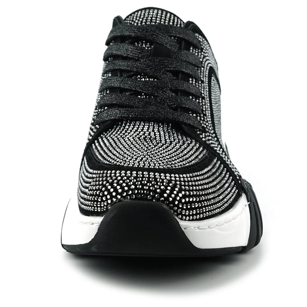 Black Suede Rhinestones Lane up Sneaker Encore by Fiesso