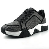 Black Suede Rhinestones Lane up Sneaker Encore by Fiesso