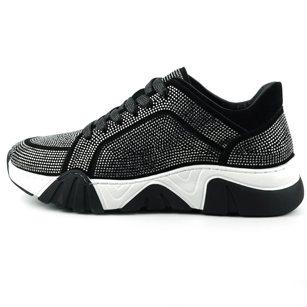 Black Suede Rhinestones Lane up Sneaker Encore by Fiesso