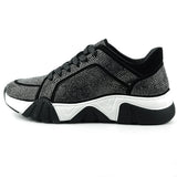 Black Suede Rhinestones Lane up Sneaker Encore by Fiesso