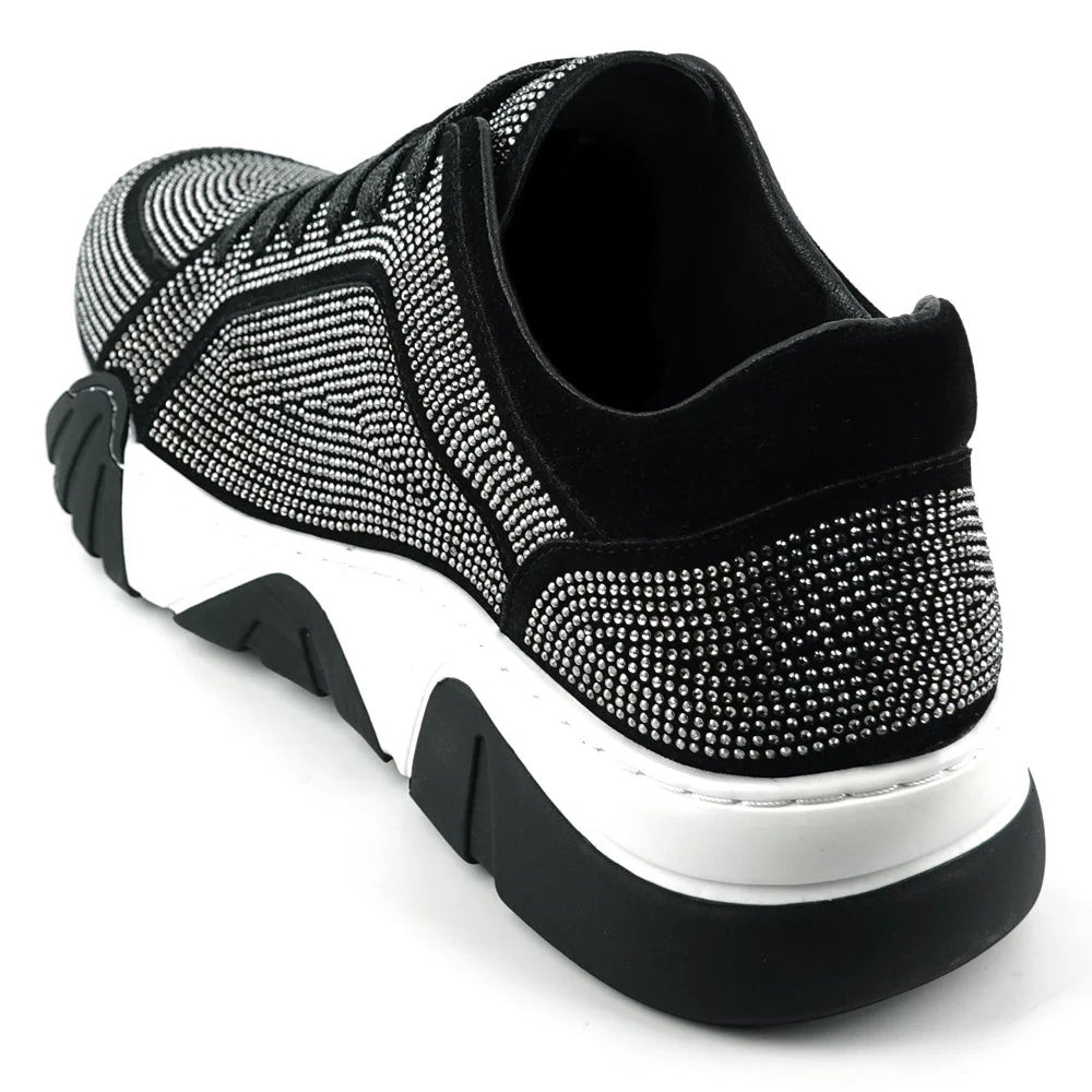 Black Suede Rhinestones Lane up Sneaker Encore by Fiesso