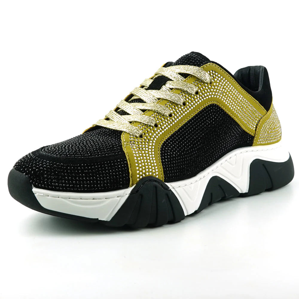 Black Gold Suede Rhinestones Lane up Sneaker Encore by Fiesso