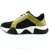 Black Gold Suede Rhinestones Lane up Sneaker Encore by Fiesso