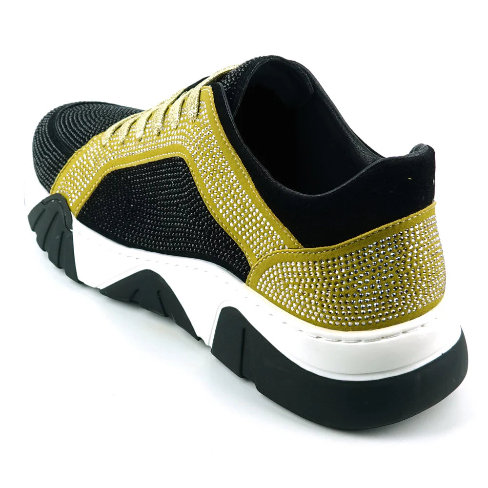 Black Gold Suede Rhinestones Lane up Sneaker Encore by Fiesso