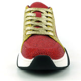 Red Gold Suede Rhinestones Lane up Sneaker Encore by Fiesso
