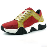 Red Gold Suede Rhinestones Lane up Sneaker Encore by Fiesso