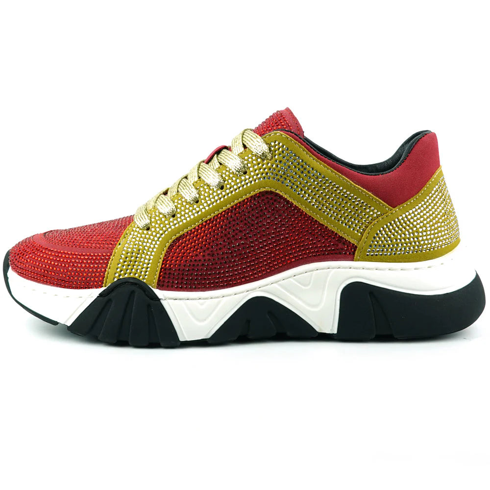 Red Gold Suede Rhinestones Lane up Sneaker Encore by Fiesso
