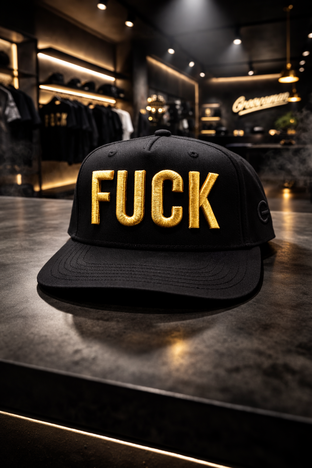 Black cap with gold text 'FUCK' on a dark surface in a store setting