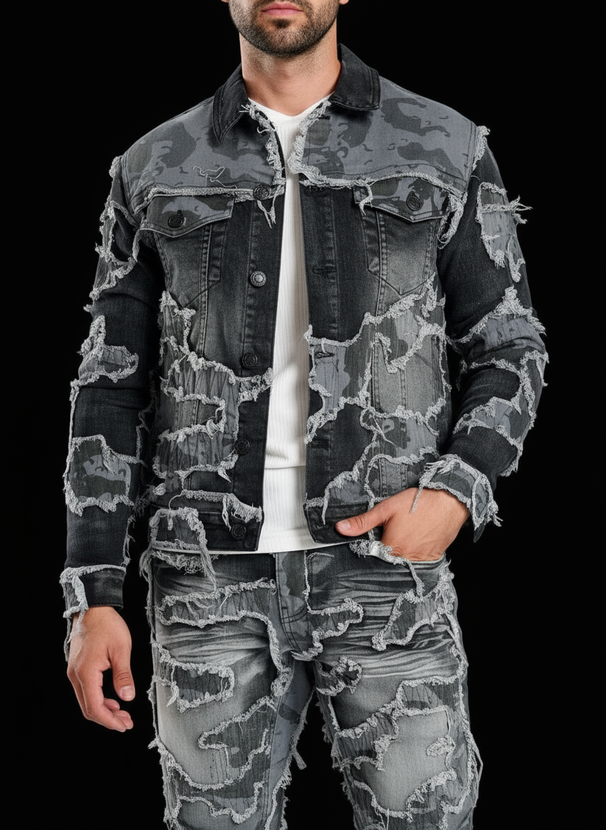 Men’s Black Camo Patchwork Distressed Denim Jacket