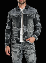Men’s Black Camo Patchwork Distressed Denim Jacket