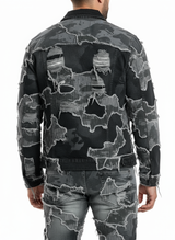 Men’s Black Camo Patchwork Distressed Denim Jacket