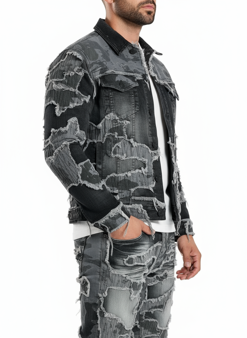 Men’s Black Camo Patchwork Distressed Denim Jacket