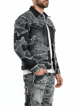 Men’s Black Camo Patchwork Distressed Denim Jacket