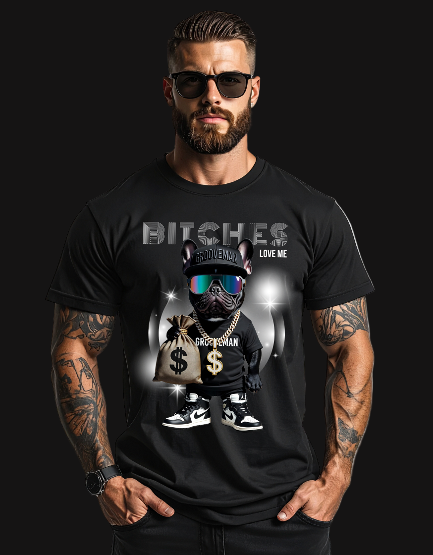 Man wearing a black t-shirt with a graphic design and text, standing against a plain background.