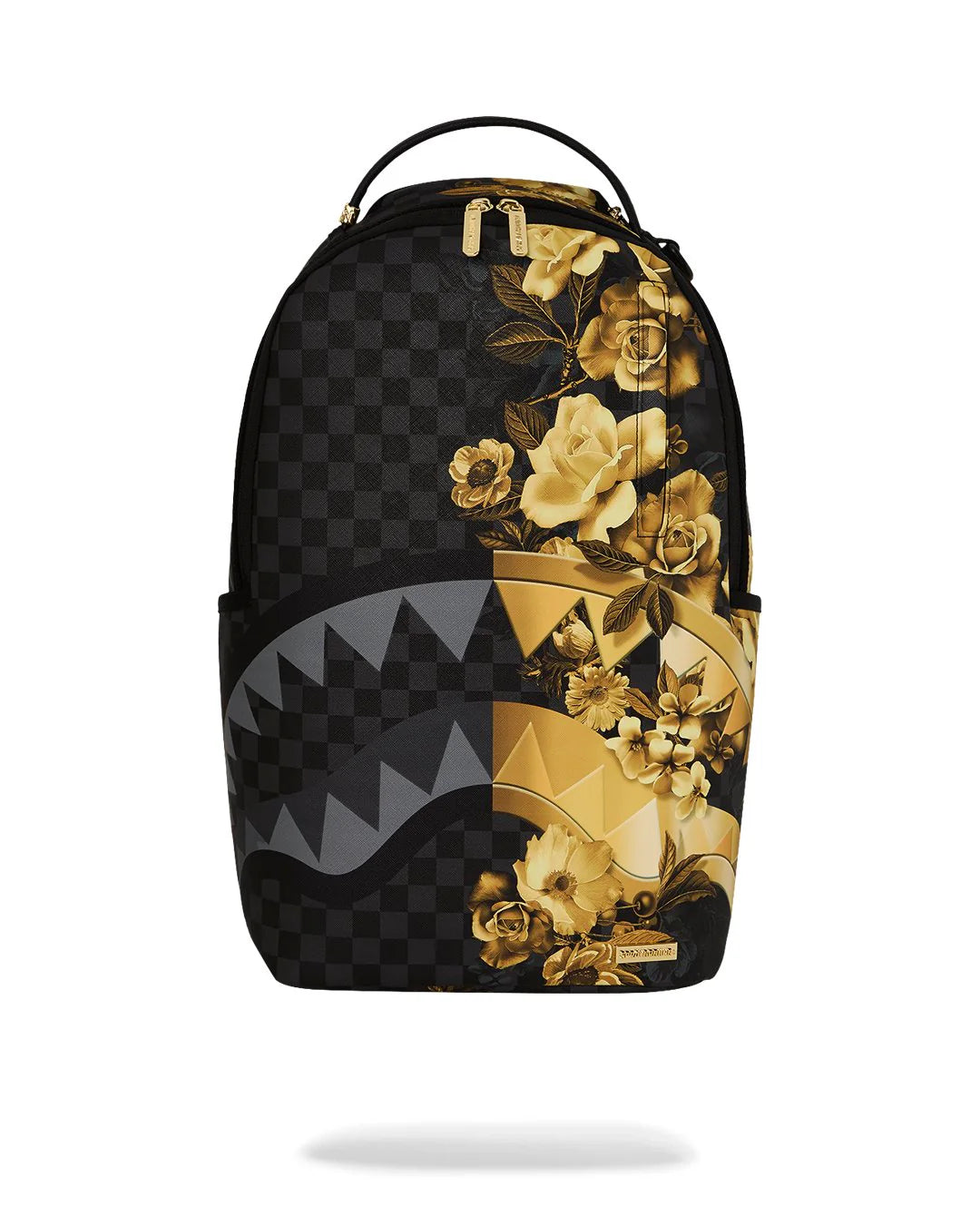 Black and gold backpack with floral and geometric design on a white background