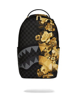 Black and gold backpack with floral and geometric design on a white background