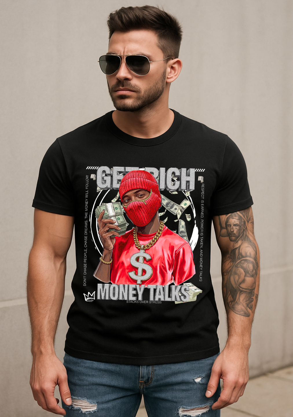 Money Talks Graphic T-Shirt – Get Rich Streetwear Tee with Red Ski Mask, Stacks & Cuban Chain