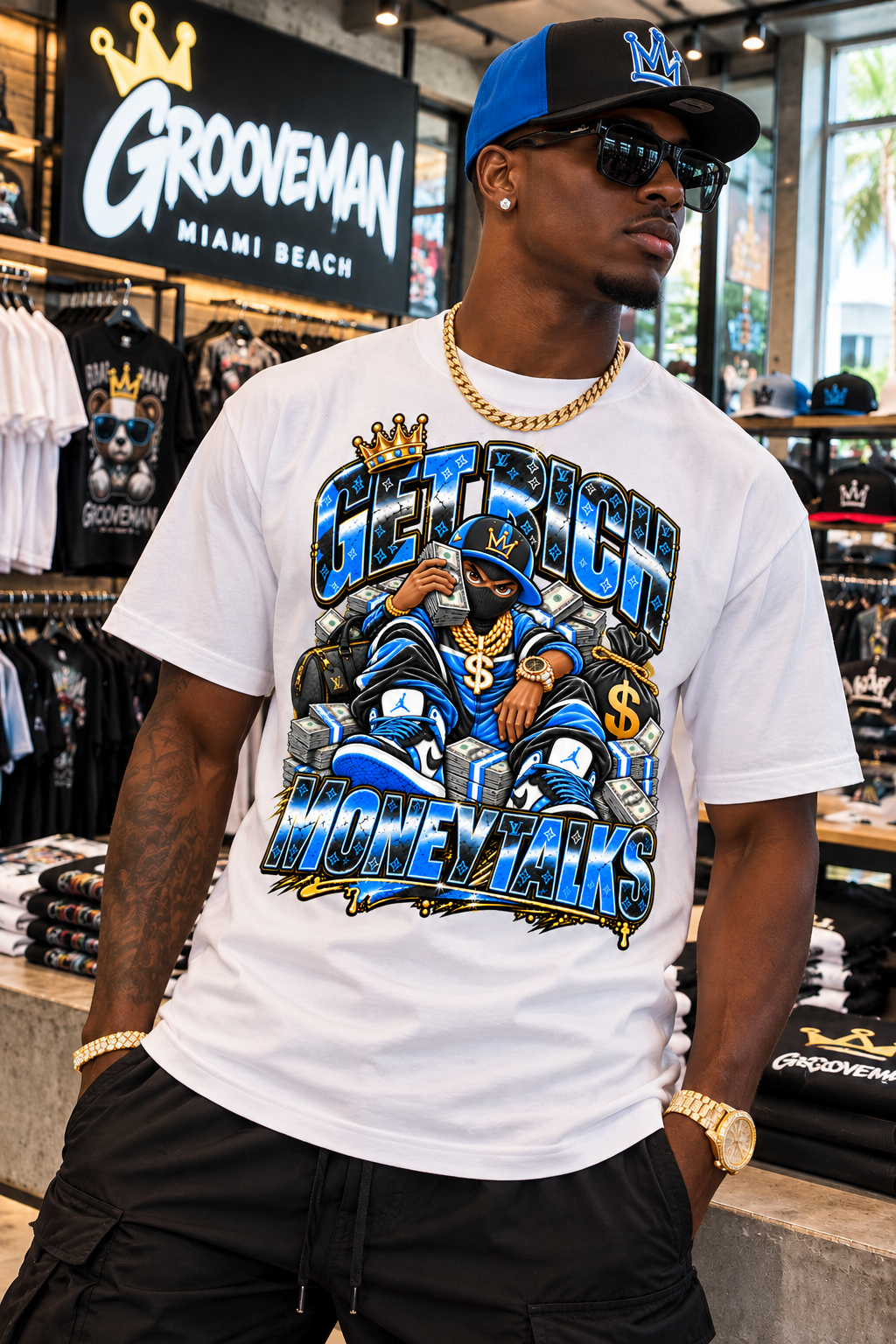 Get Rich Money Talks University Blue Graphic T-Shirt – Sneaker Matching Streetwear