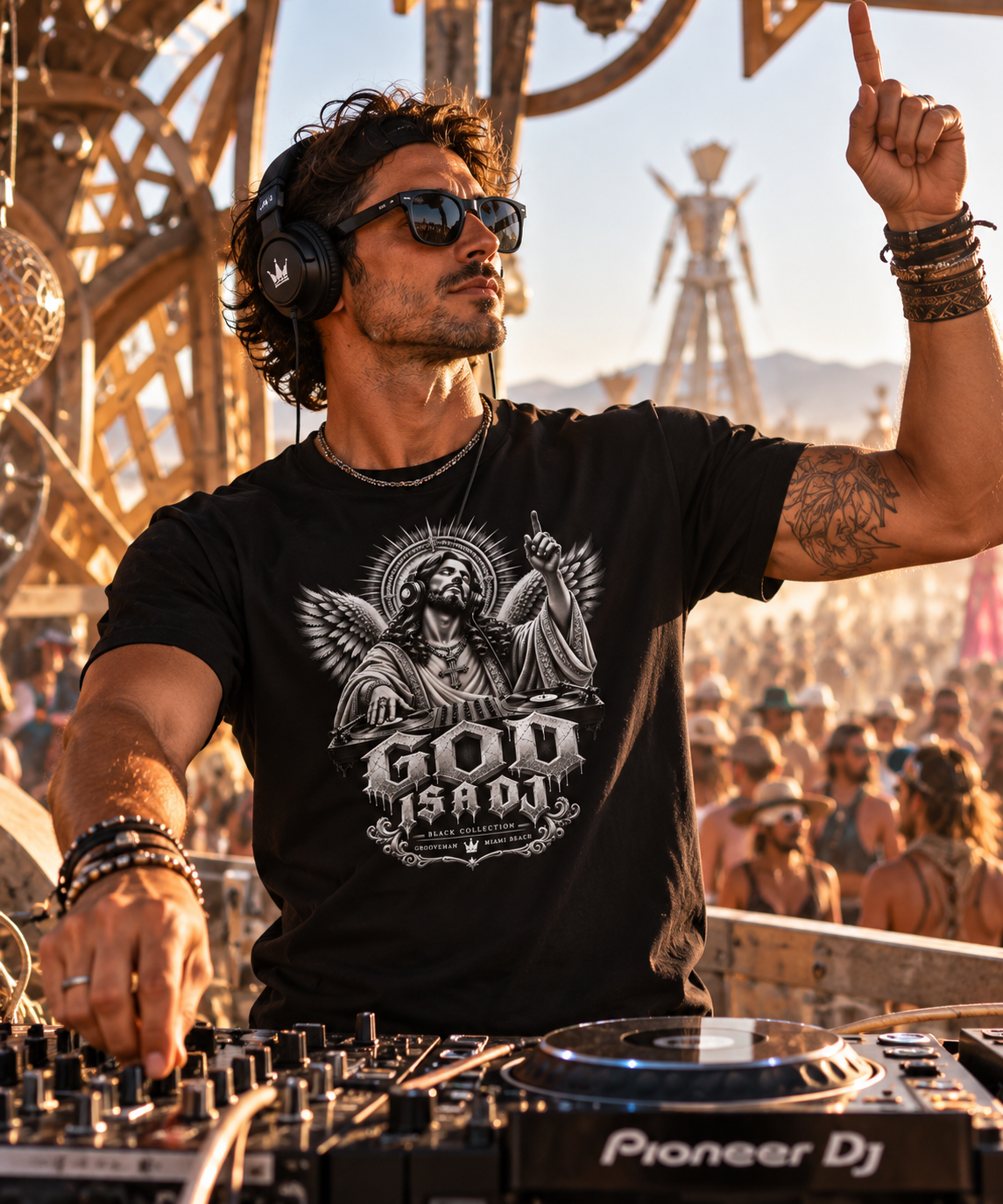 God Is A DJ black graphic T-shirt featuring angel wings, DJ turntables and gothic lettering – Grooveman Black Collection