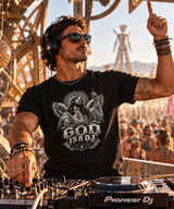 God Is A DJ black graphic T-shirt featuring angel wings, DJ turntables and gothic lettering – Grooveman Black Collection