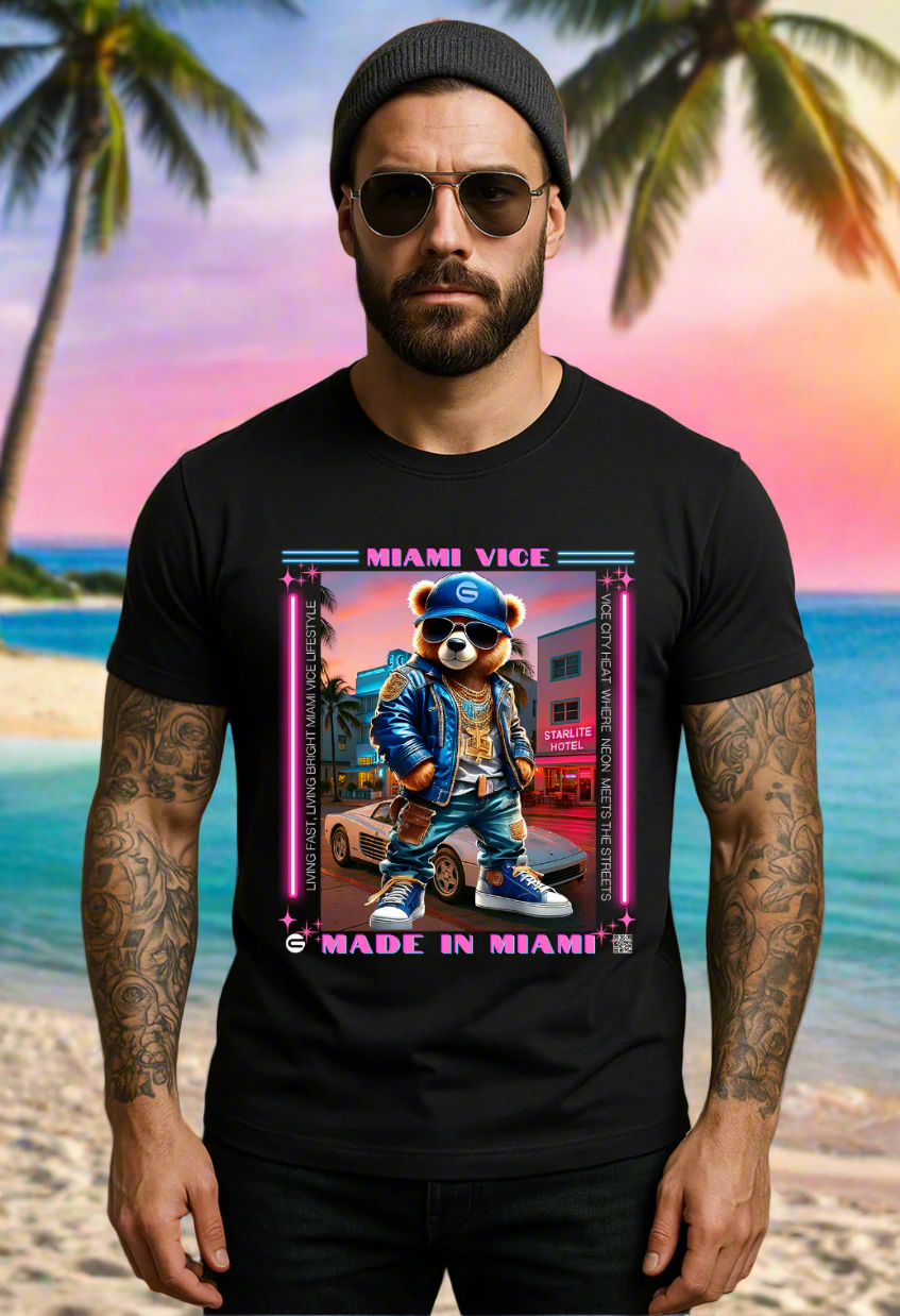 Man wearing a black t-shirt with a graphic design of a bear in a Miami Vice outfit.