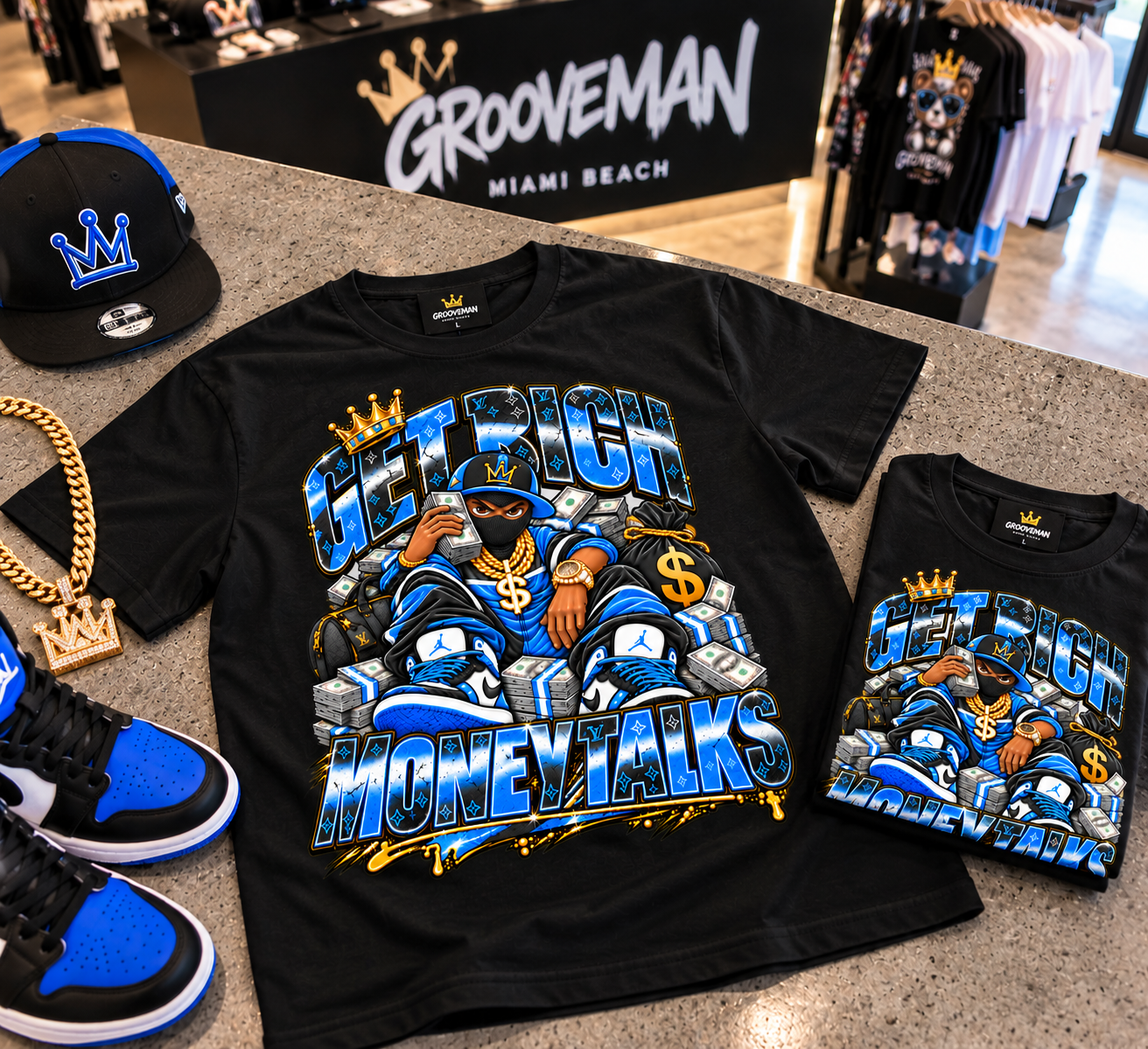 Get Rich Money Talks University Blue Graphic T-Shirt – Sneaker Matching Streetwear