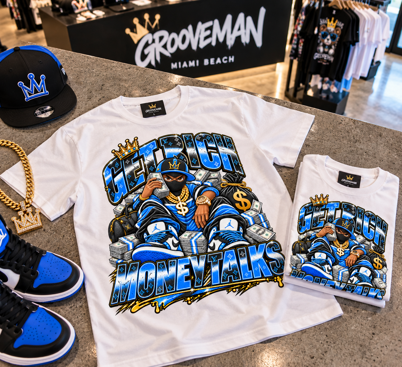 Get Rich Money Talks University Blue Graphic T-Shirt – Sneaker Matching Streetwear