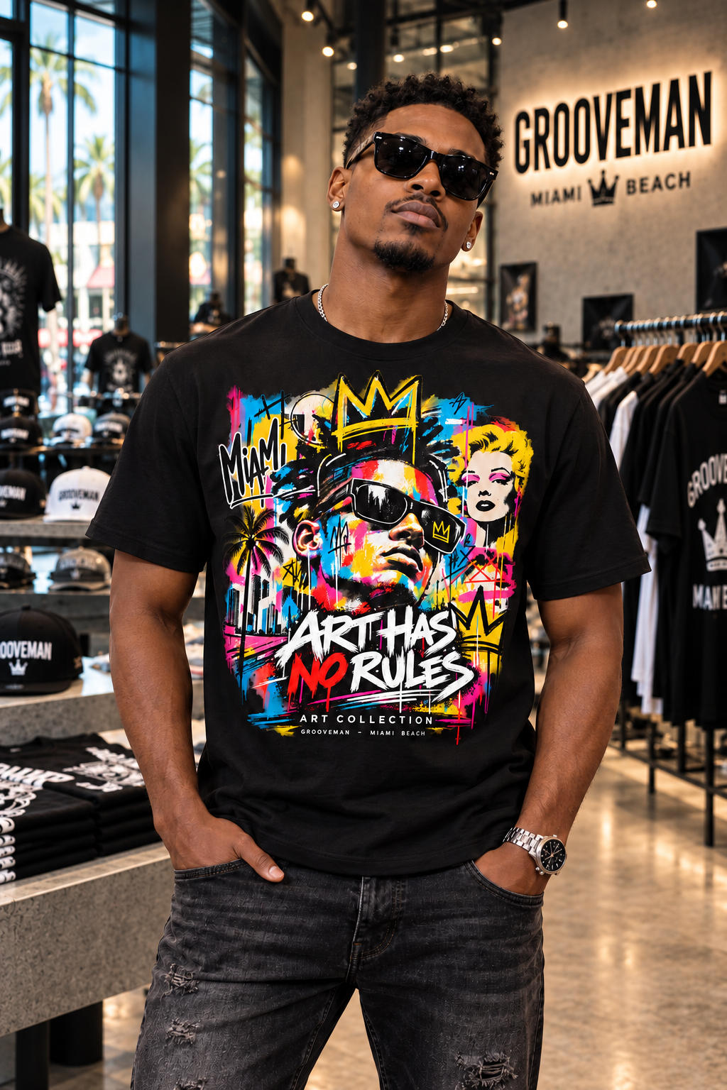 Black Art Has No Rules Miami graffiti T-shirt worn by a model inside Grooveman's concrete-walled boutique.