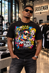 Black Art Has No Rules Miami graffiti T-shirt worn by a model inside Grooveman's concrete-walled boutique.